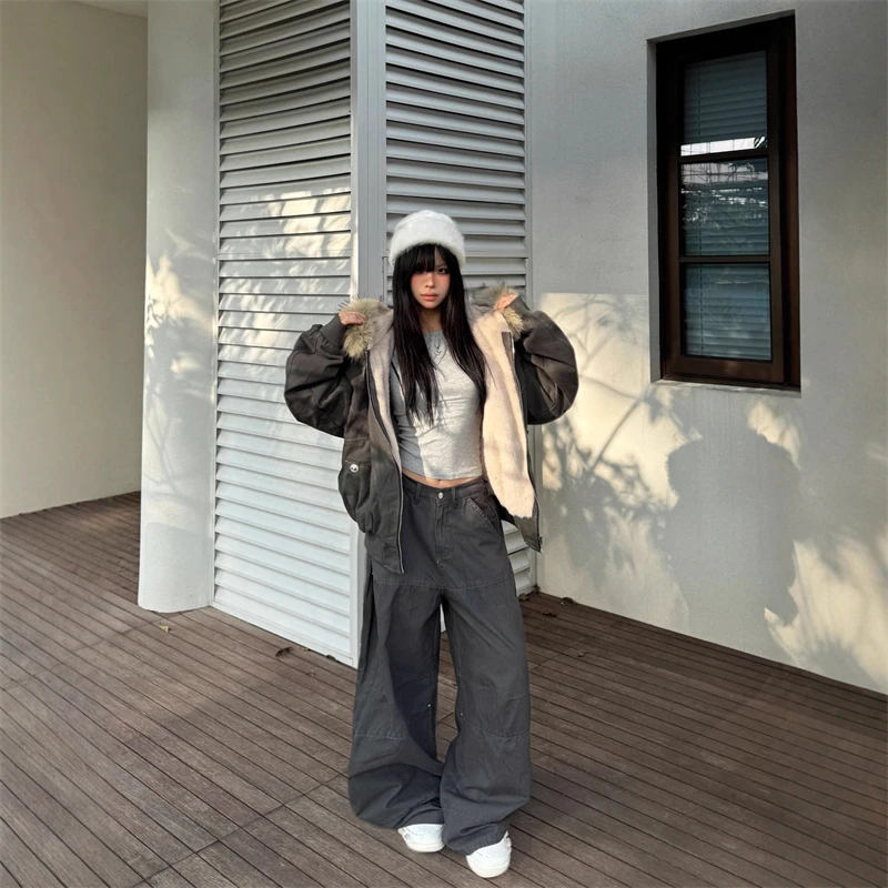 2025 New American Retro Black Coat Winter Women's Overcome Velvet Padded National Tide Short Jacket Street Cotton Padded Jackets