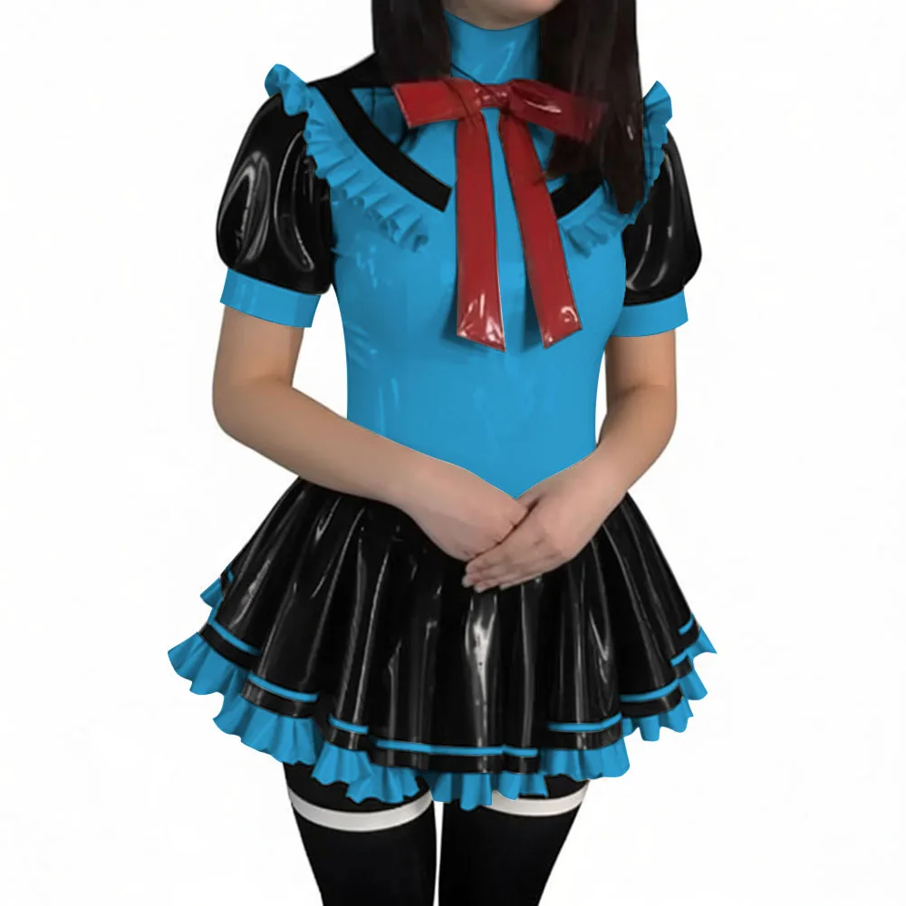 Latex-look PVC Short-Sleeve Sailor Collar Mini Dress Sissy Sweet Navy Style Short Pleated Dress Halloween Party Cosplay Outfits view 6