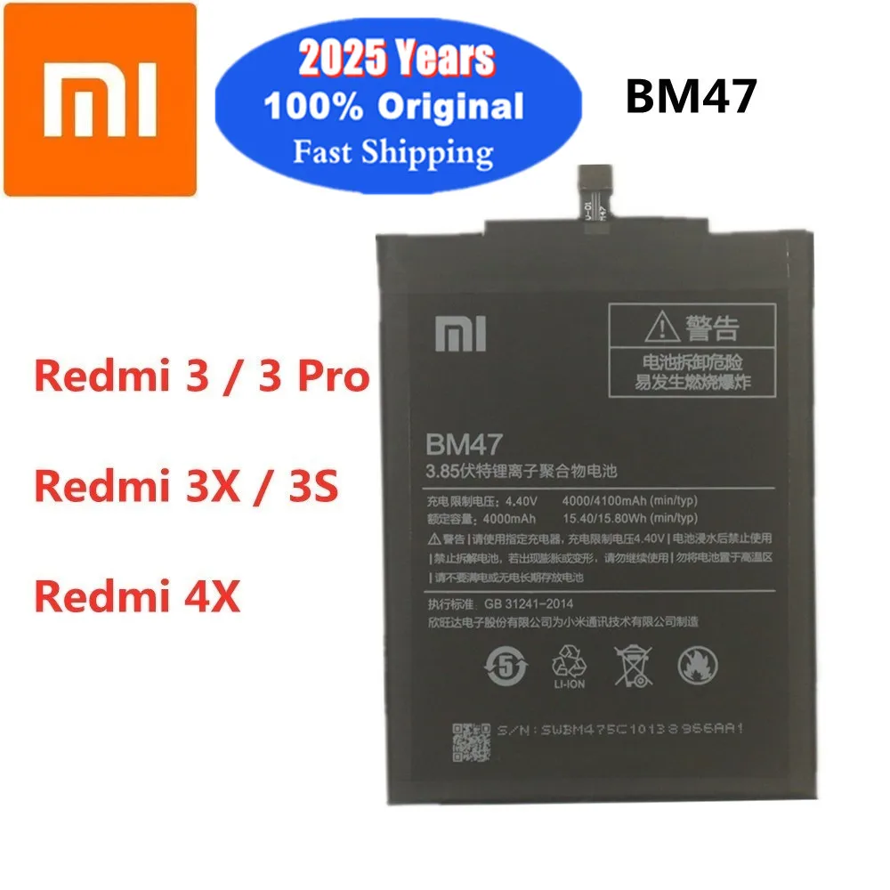 

2025 Years BM47 Original Phone Battery For Xiaomi Hongmi Redmi 3 Pro 3Pro 3S 3X 4X 4100mAh Replacement Bateria Fast Shipping