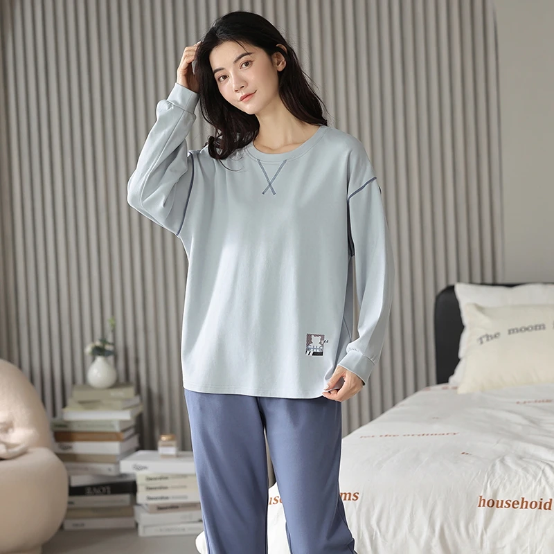 بيجامة من القطن الخالص للخريف والشتاء للنساء، سراويل طويلة بأكمام طويلة، ملابس منزلية بسيطة للنساء، يمكن ارتداؤها في الخارج