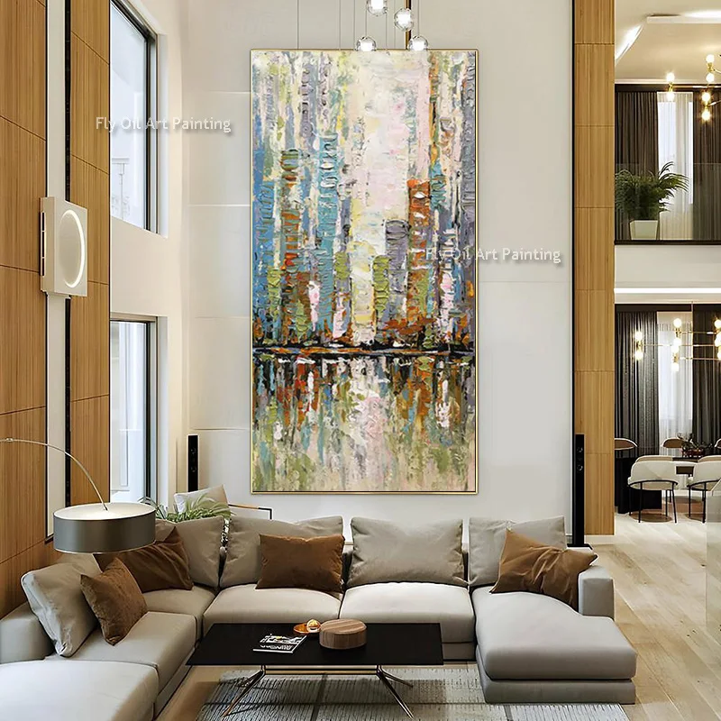 Abstract Blue Forest Landscape Couple Walking On The Road Oil Painting Handmade Original Green Grey Canvas Thick Wall Decor