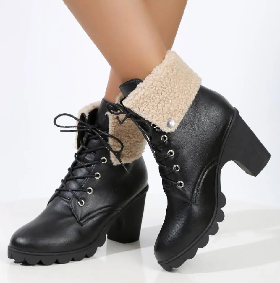 Retro Large 35-42 Chunky Heel Ankle Boots for Women 2024 Autumn/Winter British Style High Heels Shoes Flanged Fur Mujer Booties