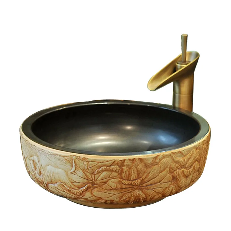 

Ceramic counter basin retro art wash basin bathroom engraving antique basin