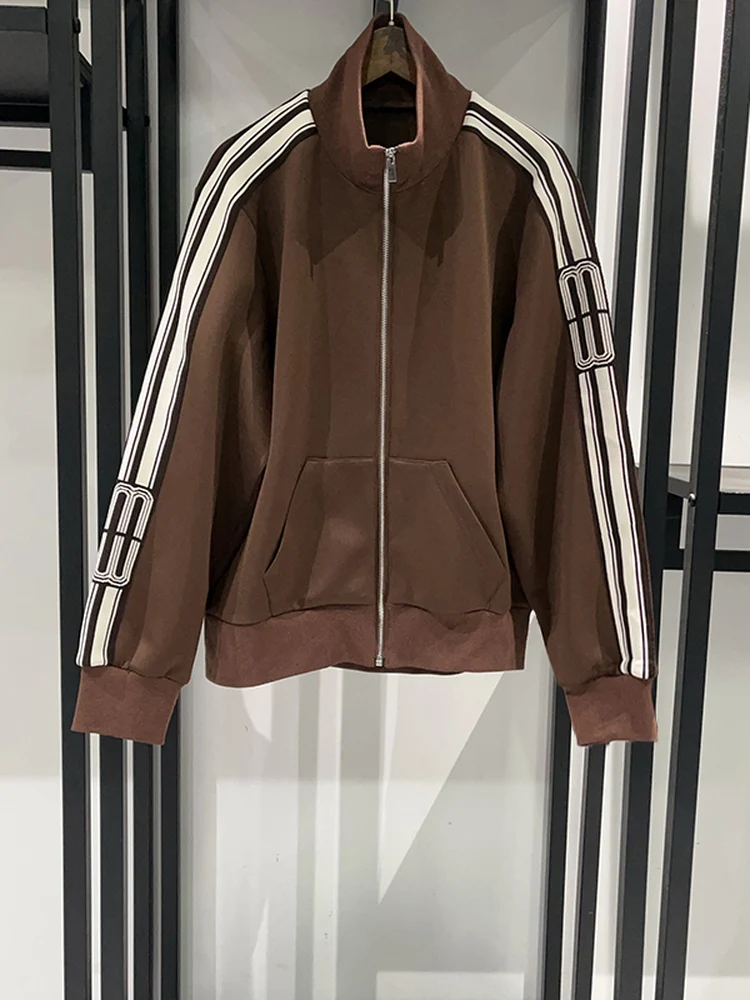 

Весенний женский спортивный костюм 2026: комплект из двух предметов с полосатым воротником, молнией и вставками, повседневный комплект для отдыха