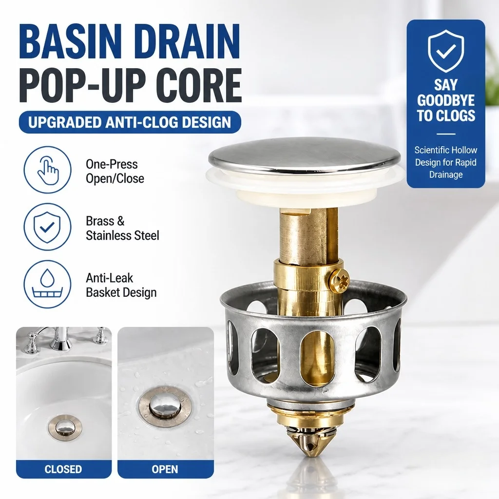 

Universal Stainless Steel Pop-up Basin Drain Core, Press Type Sink Drain Plug Anti-clog Hair Catcher Leakproof Replacement Part