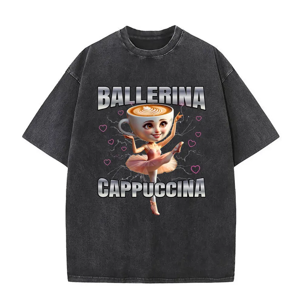 

Italian Brainrot Ballerina Cappuccina Funny Meme Washed T-shirts Men Women's Fashion Oversized Streetwear Male Vintage T Shirt