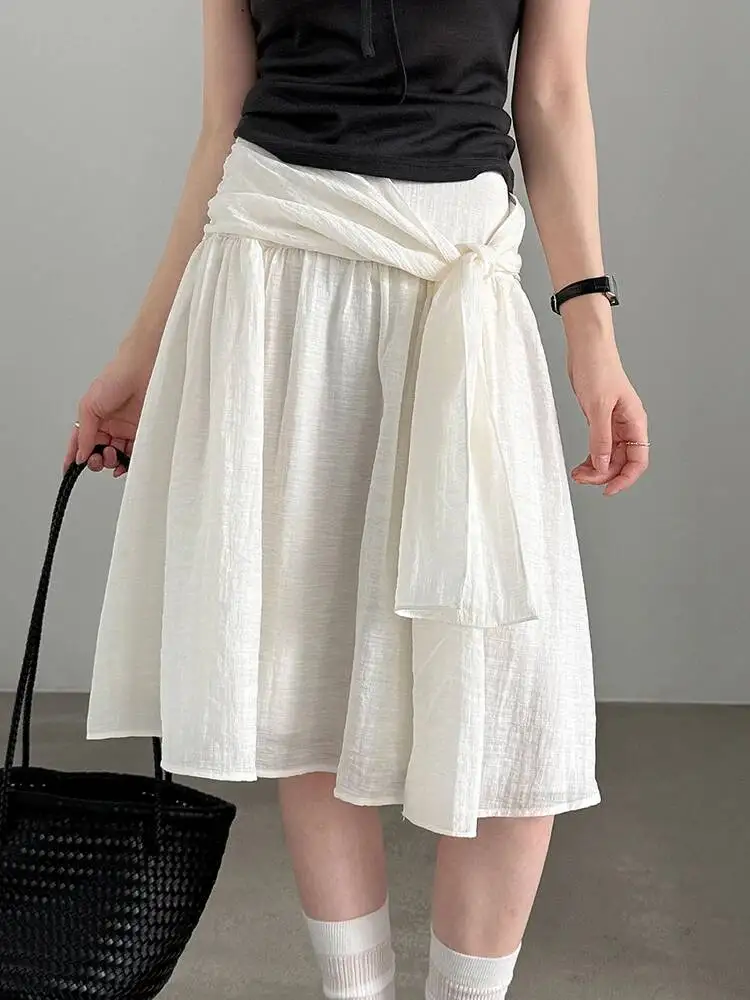 High Elastic Waist Khaki Textured Bandage Knee-Length A-line Half-body Skirt Women Fashion New Spring Summer