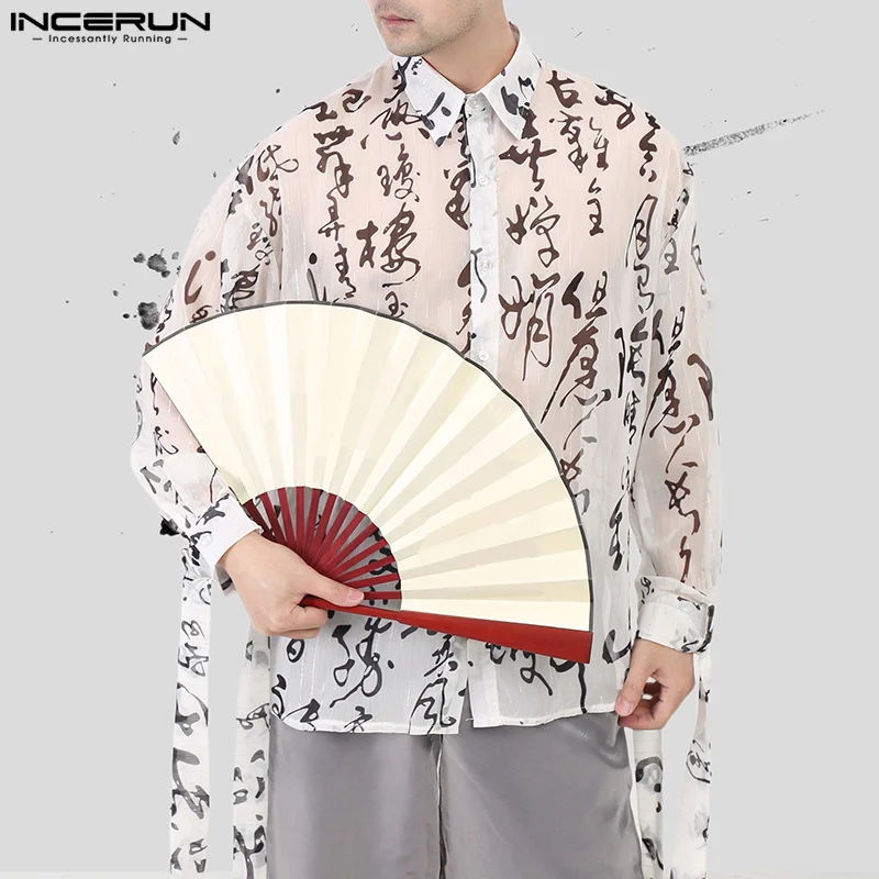 INCERUN Tops 2024 Korean Style Men Loose Perspective Chinese Character Print Shirt Fashion Personality Long Sleeved Blouse S-5XL