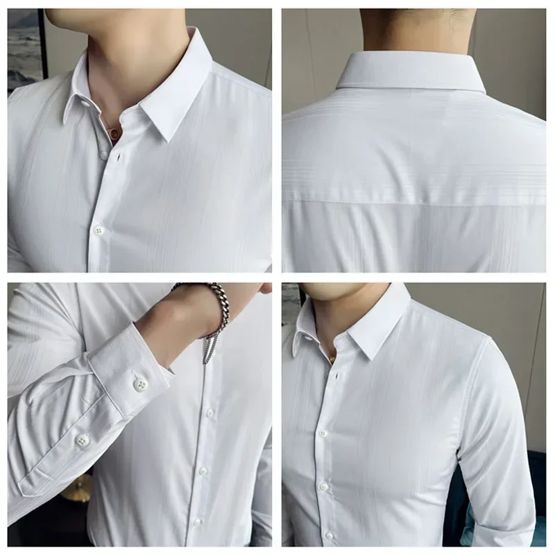 Camisas formais de negócios masculinas, casual de botão para baixo, ajuste fino, camisa listrada, camisa sólida coreana, manga comprida, 4XL, primavera