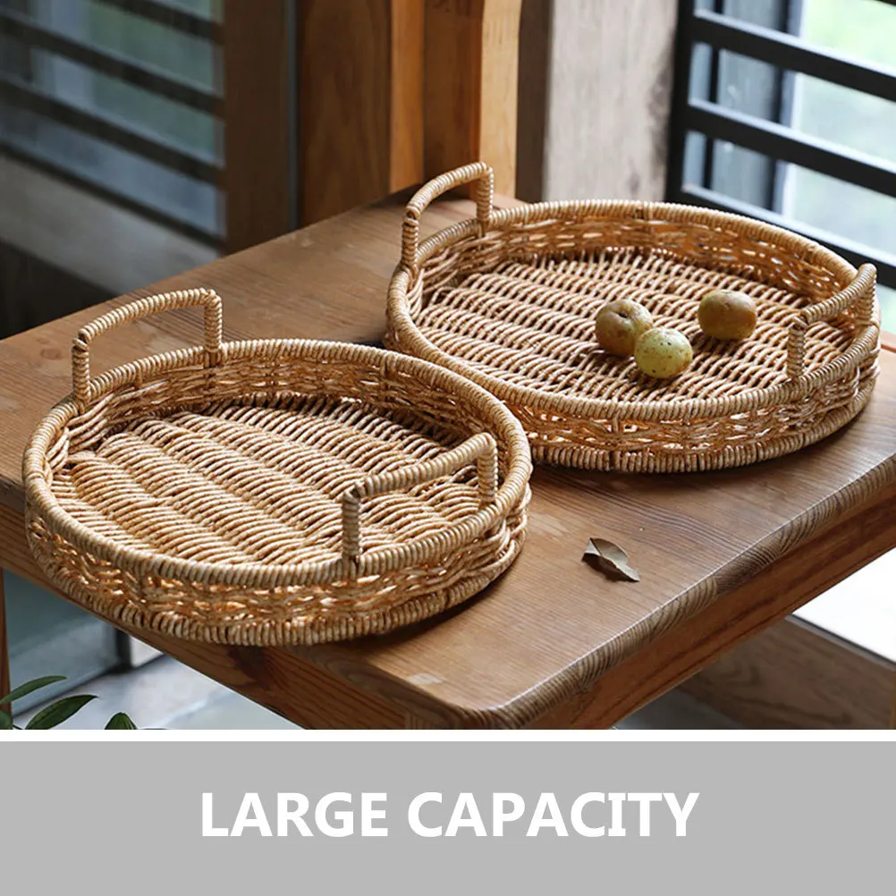سلة خبز منسوجة مستديرة من البلاستيك حامل تخزين الروطان المقلد سعة كبيرة صينية تقديم الفاكهة للوجبات الخفيفة سطح المكتب المحمول