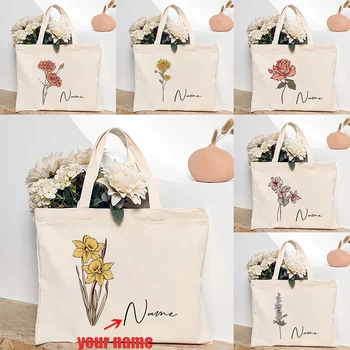 Çiçek desen kişiselleştirilmiş adı kanvas saklama çantası seyahat büyük kapasiteli omuzdan askili çanta basit Tote çanta özel düğün parti hediye