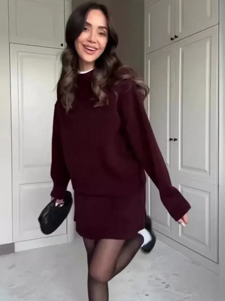 Set Setelan Rok Wanita Elegan Rok Pendek Pinggang Tinggi Pulover Lengan Panjang Rajutan Leher-o Pakaian Luar Musim Gugur Ansambel Wanita