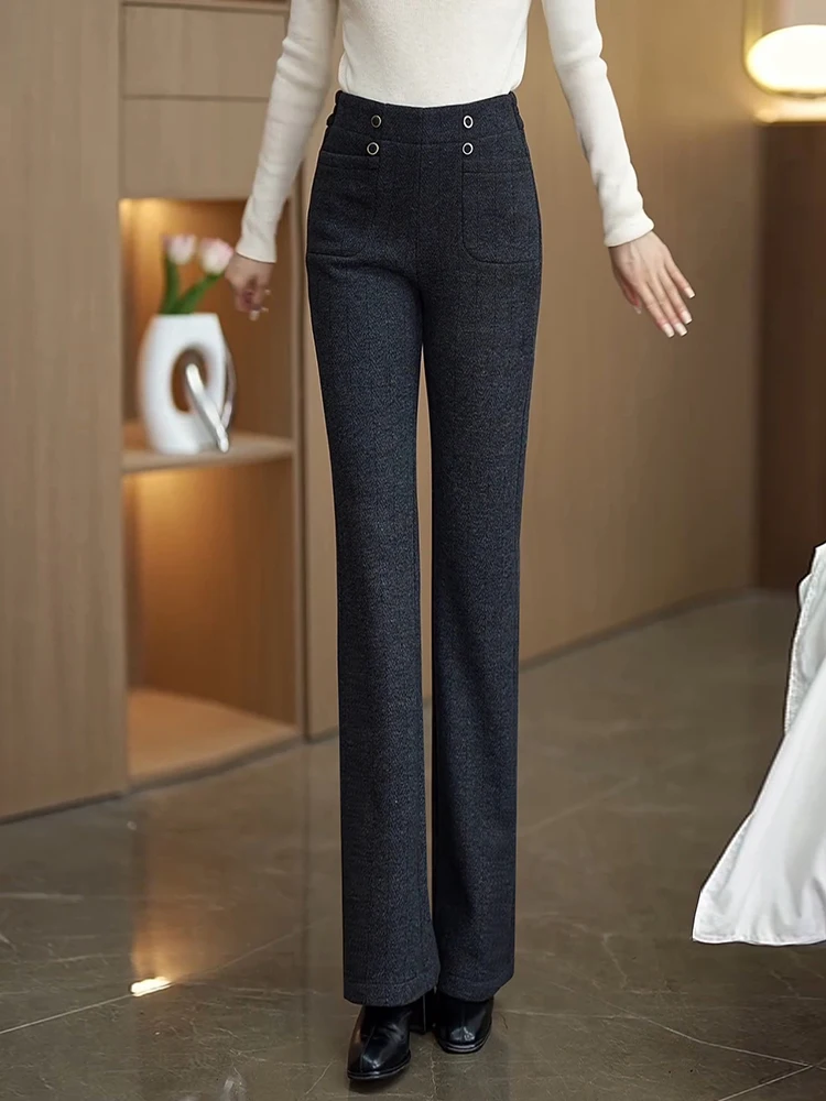 

Серые шерстяные брюки-палаццо с высокой талией, повседневные, осенне-зимние, новая модель, струящиеся, на флисовой подкладке, утепленные, женские