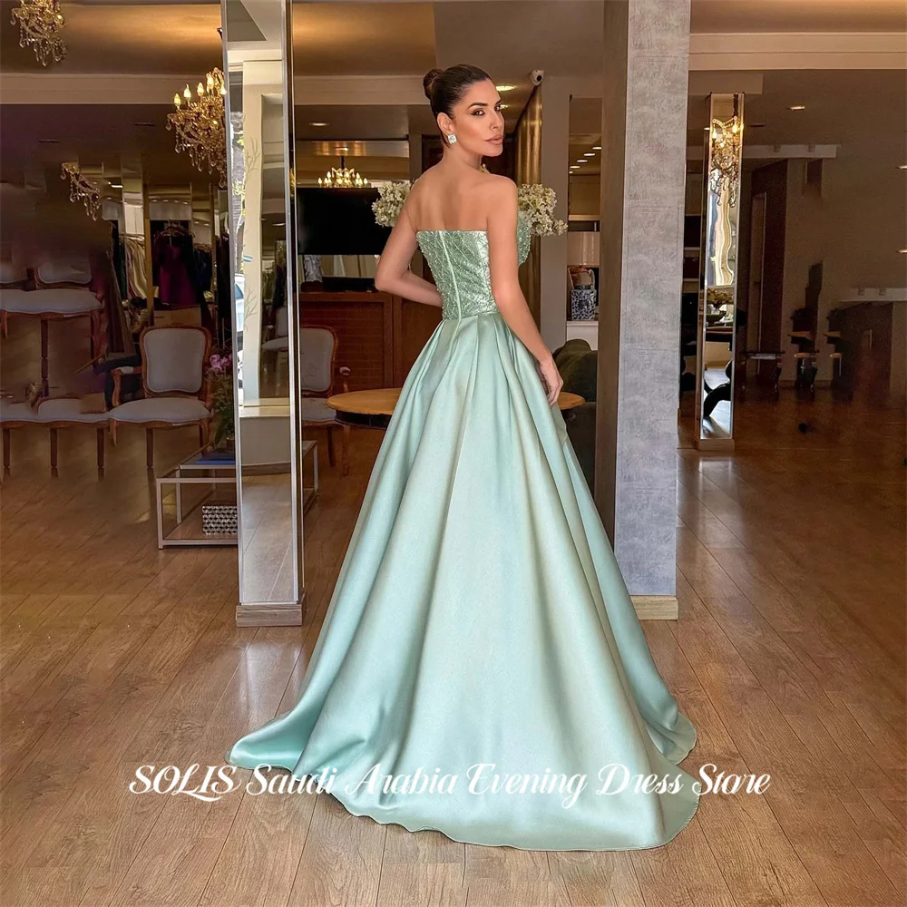 SOLIS Green Formal Gown Strapless Sleeveless Prom Dress A Line Evening Dress Beading On Chest Modern Style Minimalist Customized