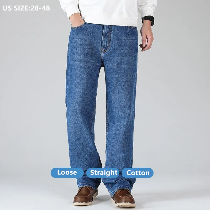

100% Cotton Men Jeans Thick Straight Loose Plus Size 42 44 46 48 Autumn Spring Wide Legs Male Trousers Classic Blue Denim Pants