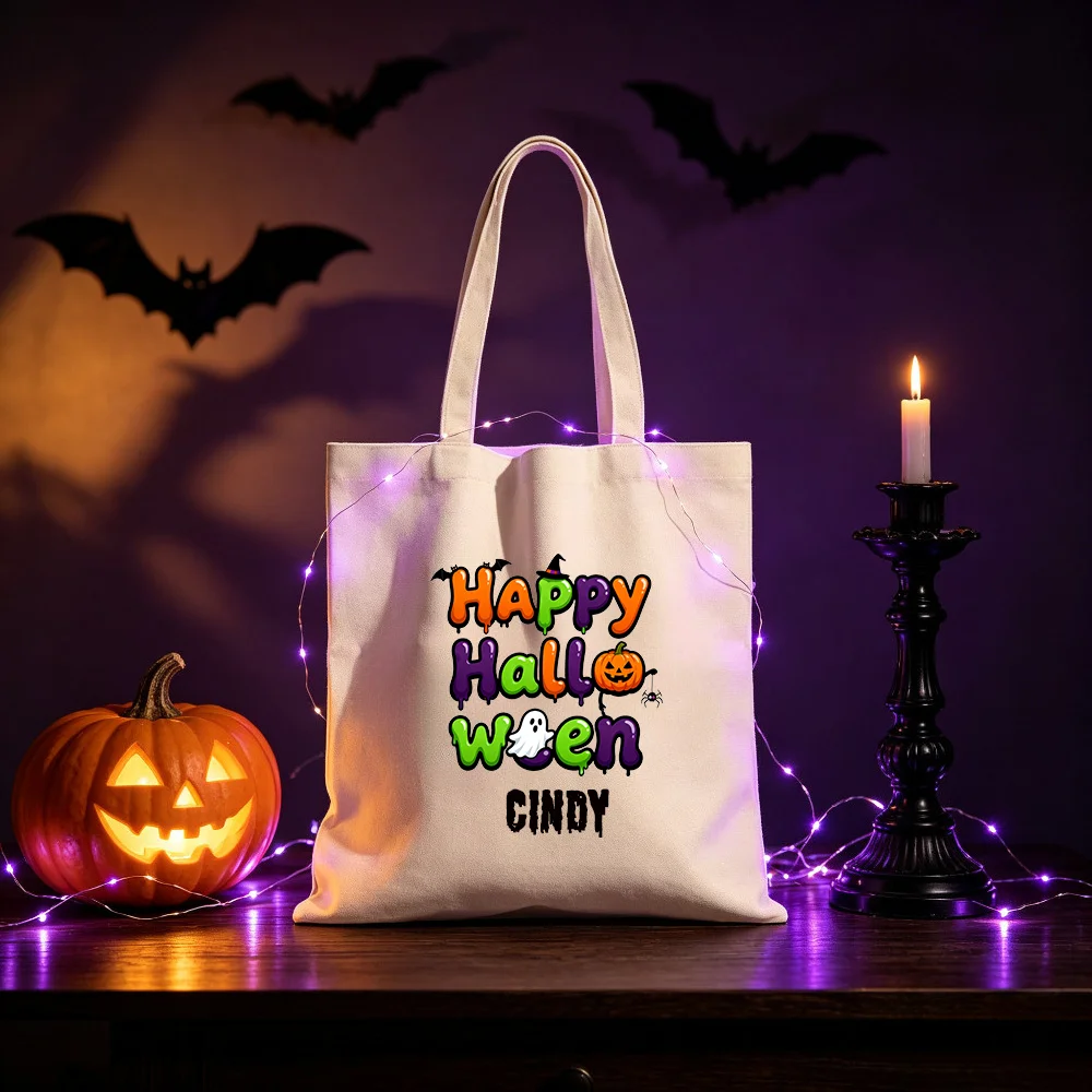 Custom Name Cartoon Ghost Monster Canvas Tote Bag, Cute Halloween Shoulder Bag, Trick Or Treat Reusable Candy Tote Gift.