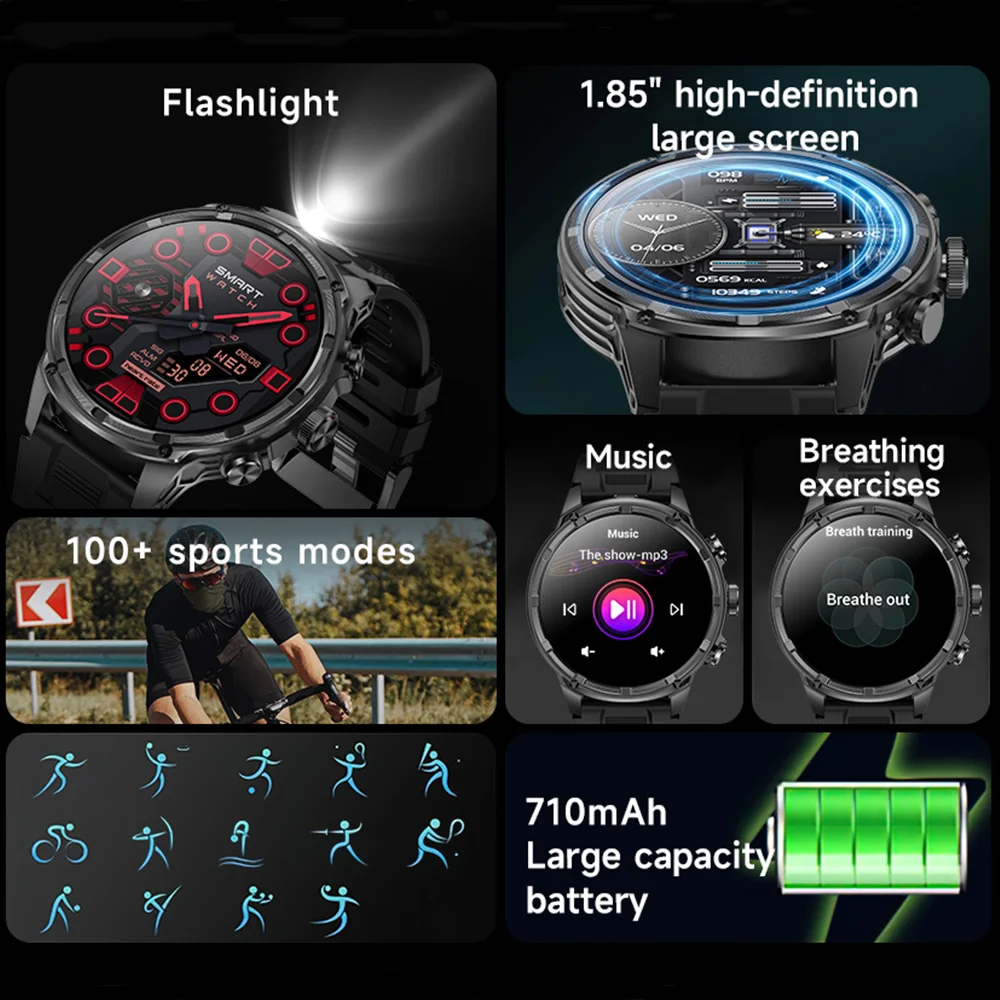 2025 chamada Bluetooth de nível militar de ultra-alta definição de 1,85 polegadas, bateria grande de 710mAh, smartwatch de rastreamento de fitness esportivo 170 +