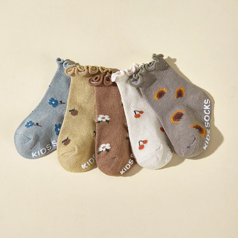 5 Pairs a Lot MILANCEL New Autumn Baby Flower Socks Kids Girls Cute Printed Fruits Floor Socks Toddler Anti Slip Adhesive Socks