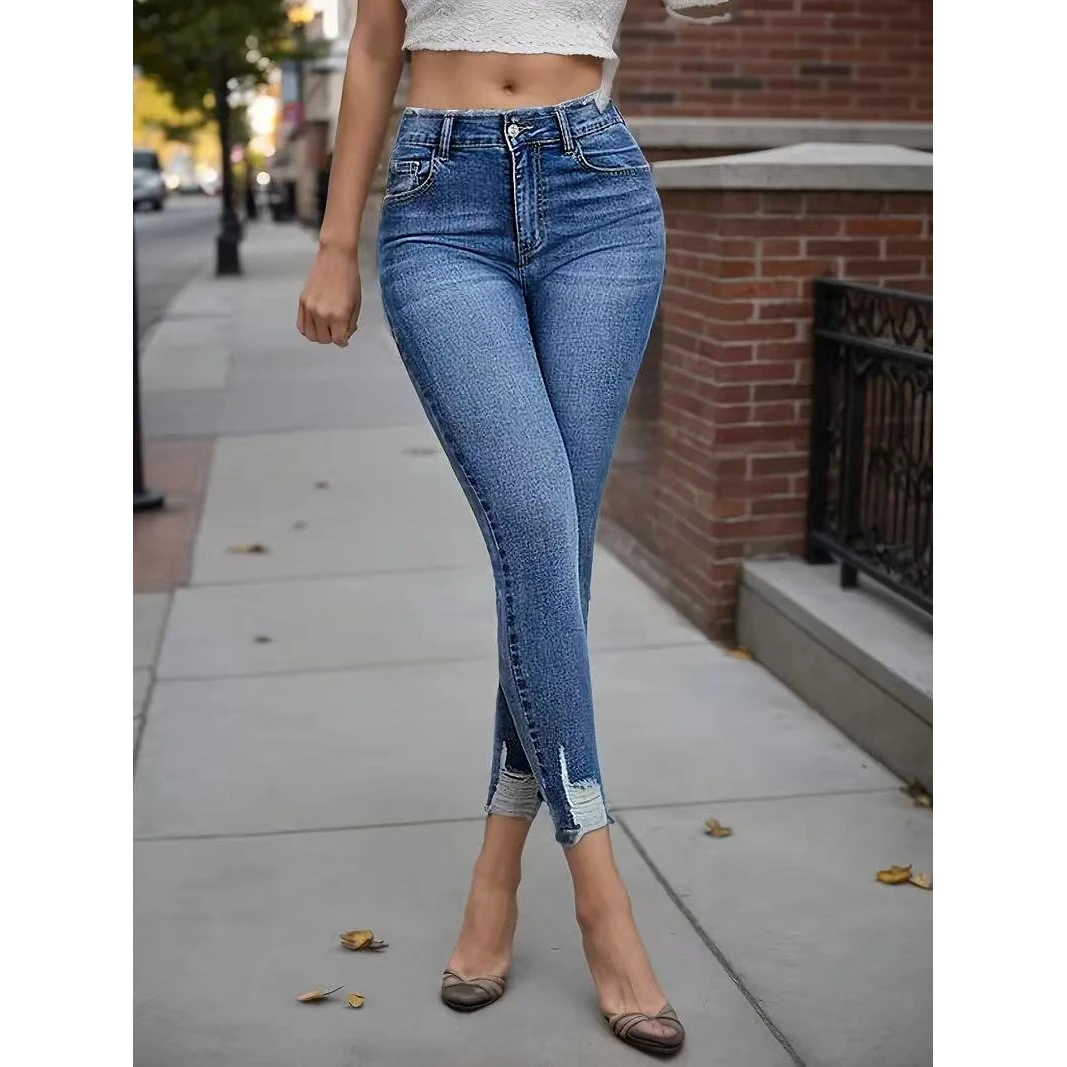 Retro High Waist Frayed Elastic Slim Fit Denim Jeans Women's Straight Leg Commute Style Pure Offline Sale No Brand