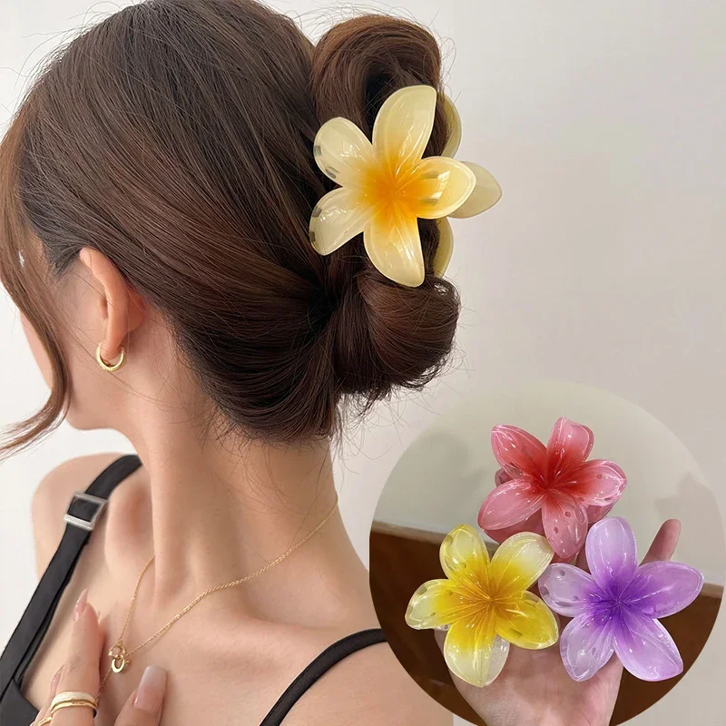 

3pcs Fashion Women Flower Hair Claws Hawaiian Gradient Hair Clips Vacation Beach Style Hairpins Hair Accessories