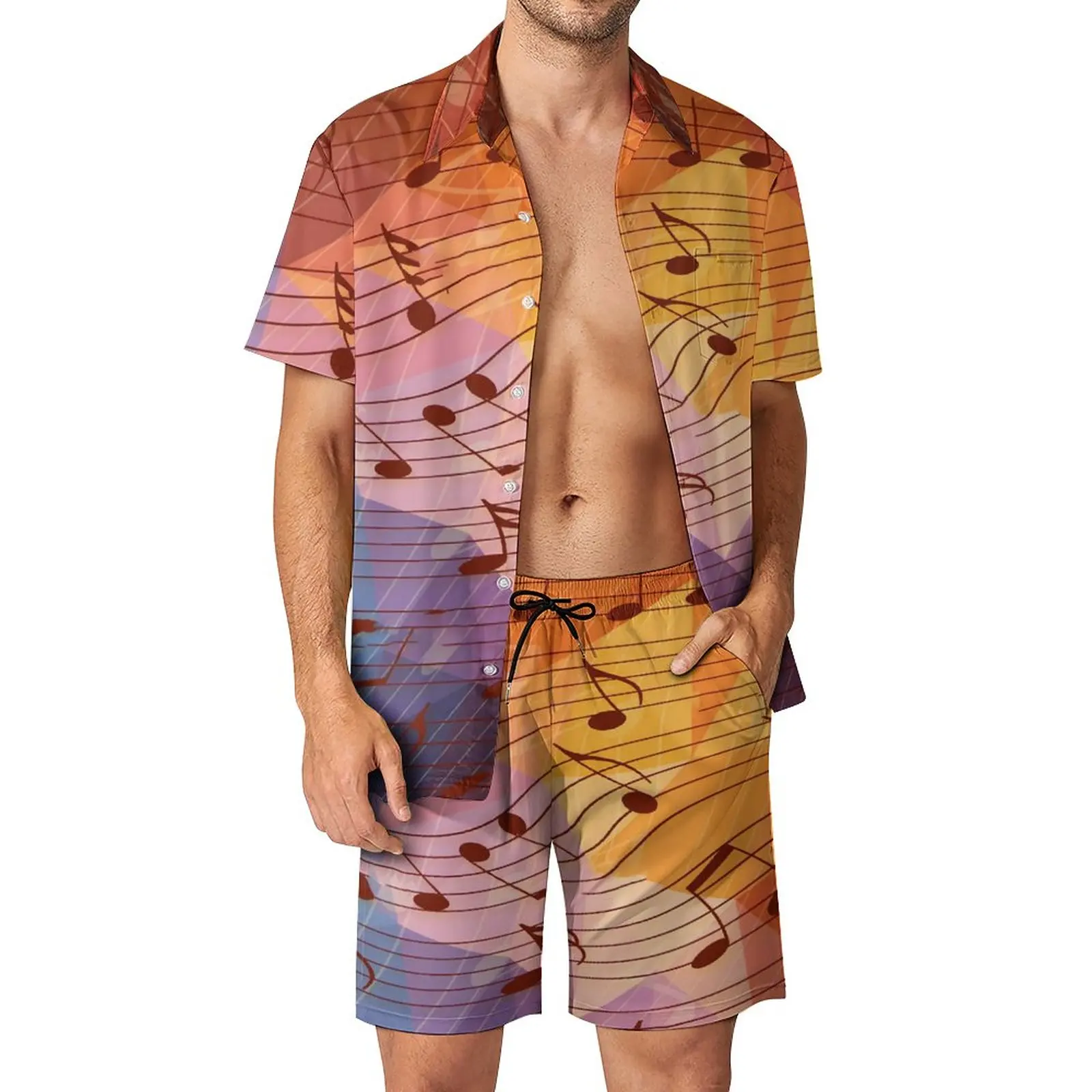 Chemise à Manches Courtes pour Homme avec Note de Musique Imprimée en 3D, Short de Plage Décontracté, Streetwear, Costumes Hawaïens