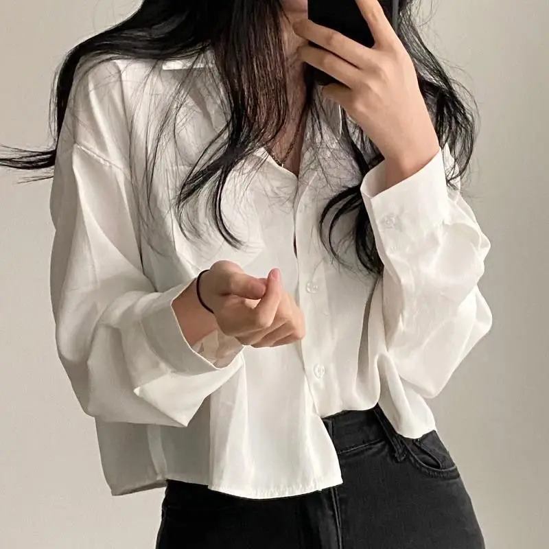 Korean Short Shirt Tops Spring New Long Sleeve Polo Neck Solid Color Loose All-match Youth Blouse Fashion Casual Women Clothing