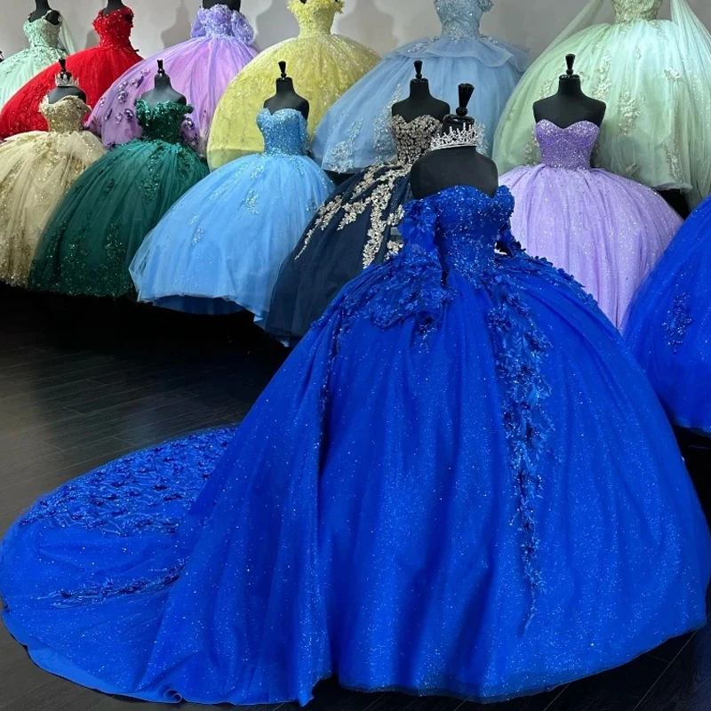 

Blue Shiny Quinceanera Dresses Princess Sweet 15 Years Girl Birthday Party Dresses Appliques Lace Beads Vestidos De Quinceañera