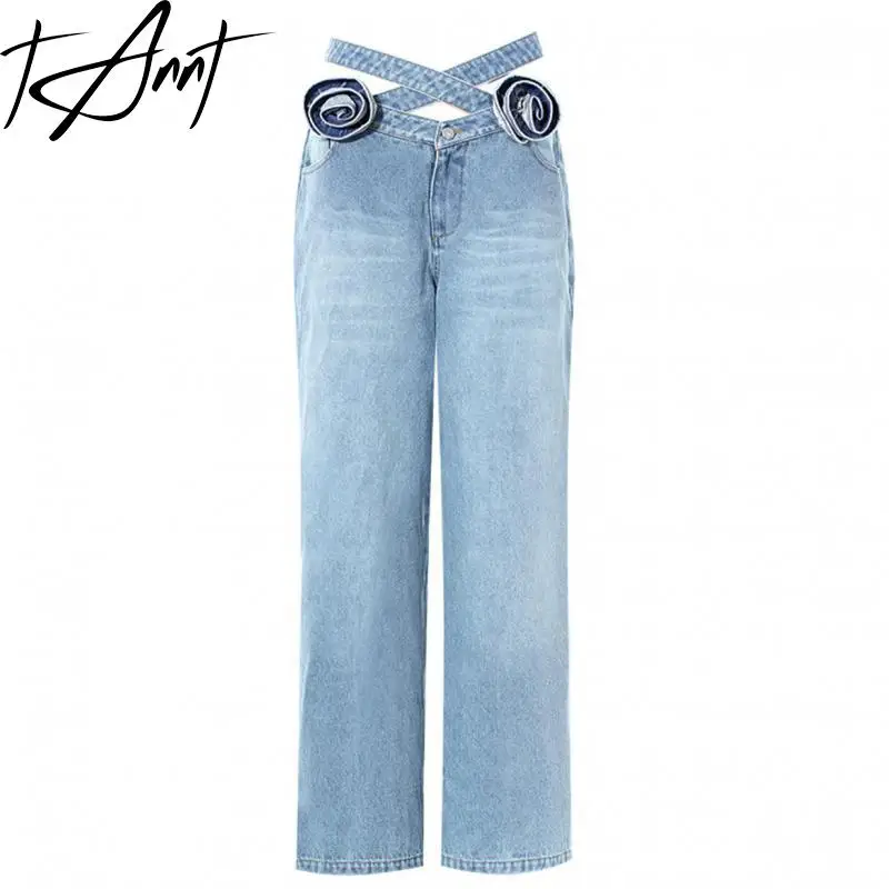 Tannt Women Pant Irregular Hollow Out Flowers Patchwork Straight Jeans Pants Fashion Vintage Long High Waist Denim Women 2024