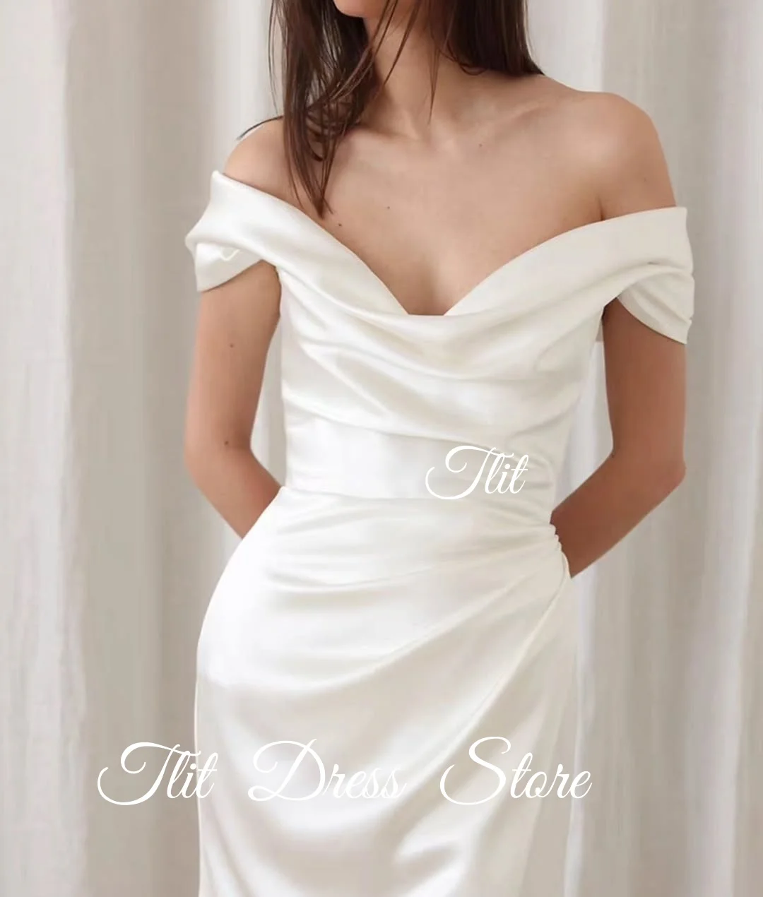 TLIT Simple Ivory Silk Satin Mermaid Wedding Gowns Customized Off The Shoulder Bridal Gown Korea Wedding Dresses Photos Shoot