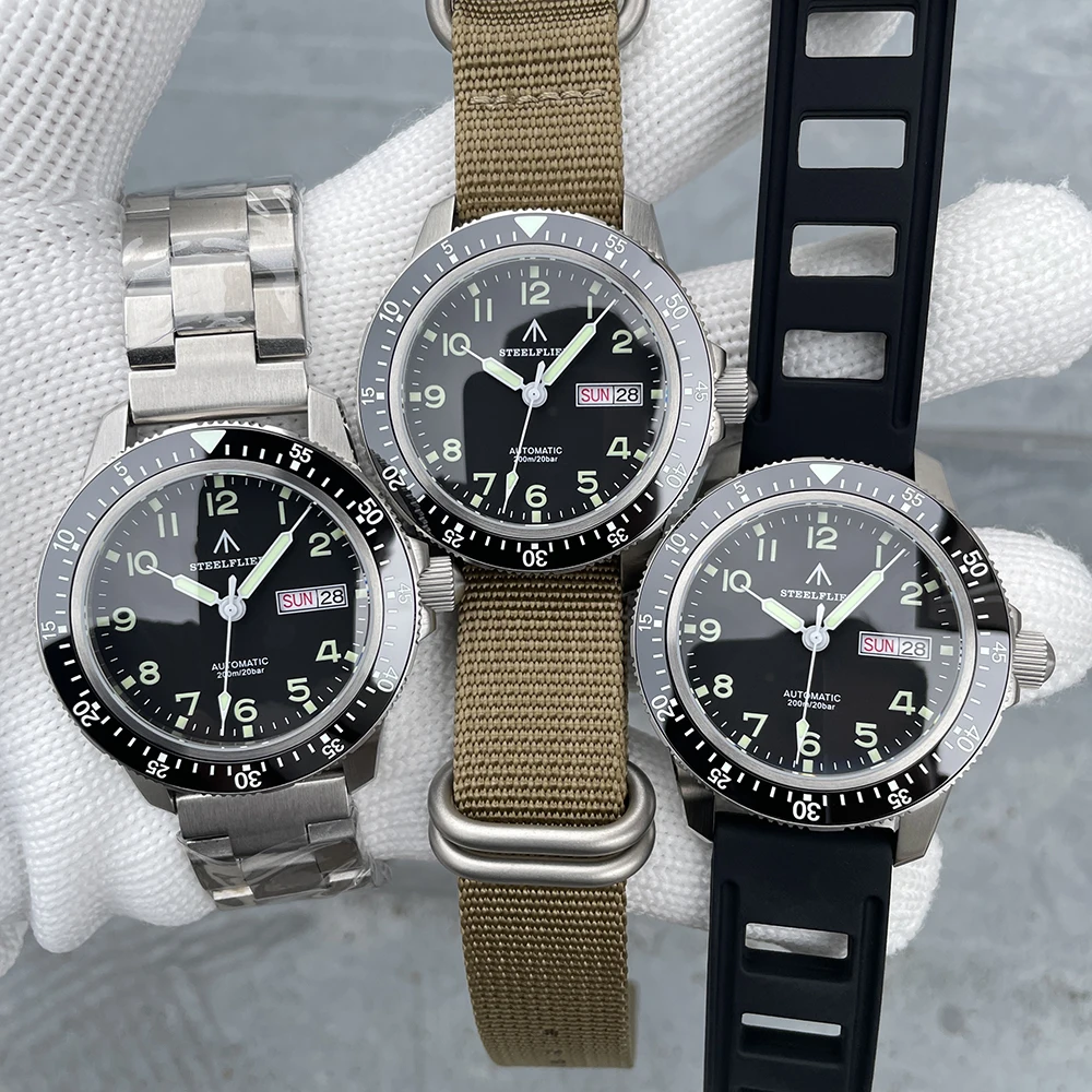 Мужские автоматические часы STEELFLIE Pilot 41 мм, спортивные механические наручные часы для дайвера, 200 м, водонепроницаемые, C3, светящийся сапфир, NH36, дата недели