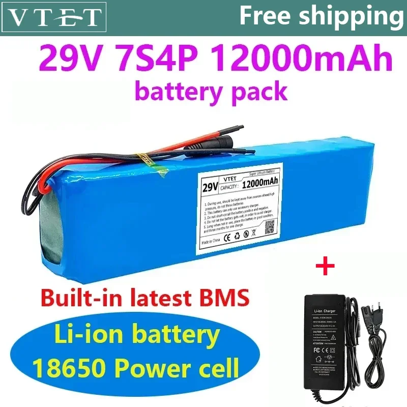 

2024 New 29V 7S4P 12Ah 18650 Lithium Battery Pack Rechargeable High Quality Battery Battery 15A BMS+29.4V Charger DIY Production