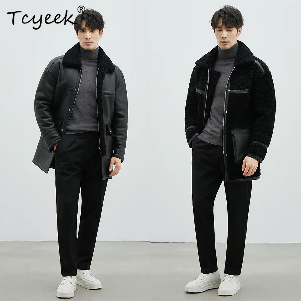 Tcyeek Natural Sheep Fur Coat Men Warm Winter Clothes Lamb Wool Real Fur Coats Mid-length Genuine Leather Man Jackets Reversible