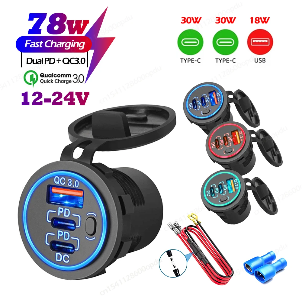 78W 12V USB Outlet Dual PD3.0 USB-C & Quick Charge 3.0 Charger Socket Port with Power Switch Waterproof for Car Boat RV Marine