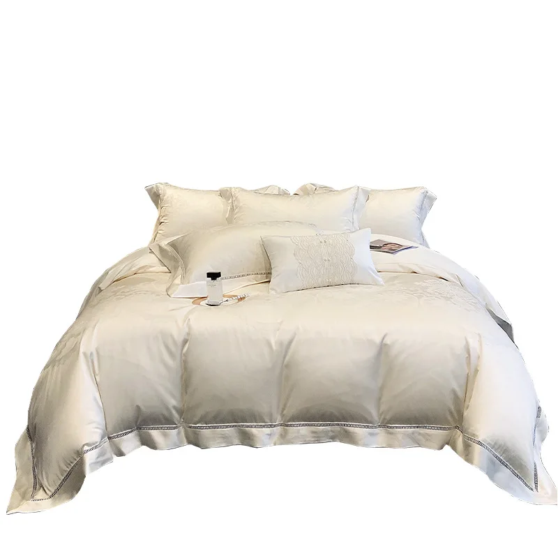 Light luxury simple 140 high-precision jacquard hollow four-piece set of solid color long-staple cotton satin cotton pure cotton