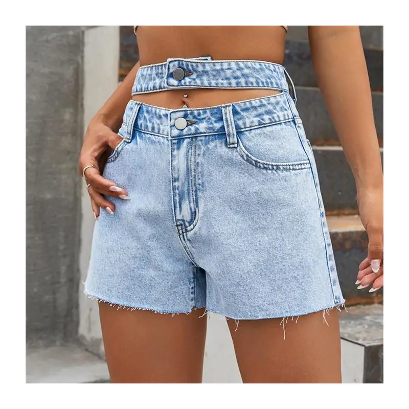 Faionable Summer Loose Straight Leg Hole Punching Double Waist Head orts Women's Bot Pants Trendy High Waist orts