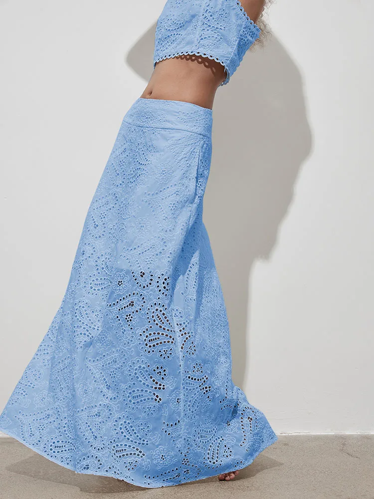 Sommer Strand Urlaub Einfarbig Lange Röcke Elegante Dame Freizeit Halbe Röcke Mode Spitze Aushöhlen Hohe Taille A-linie Röcke