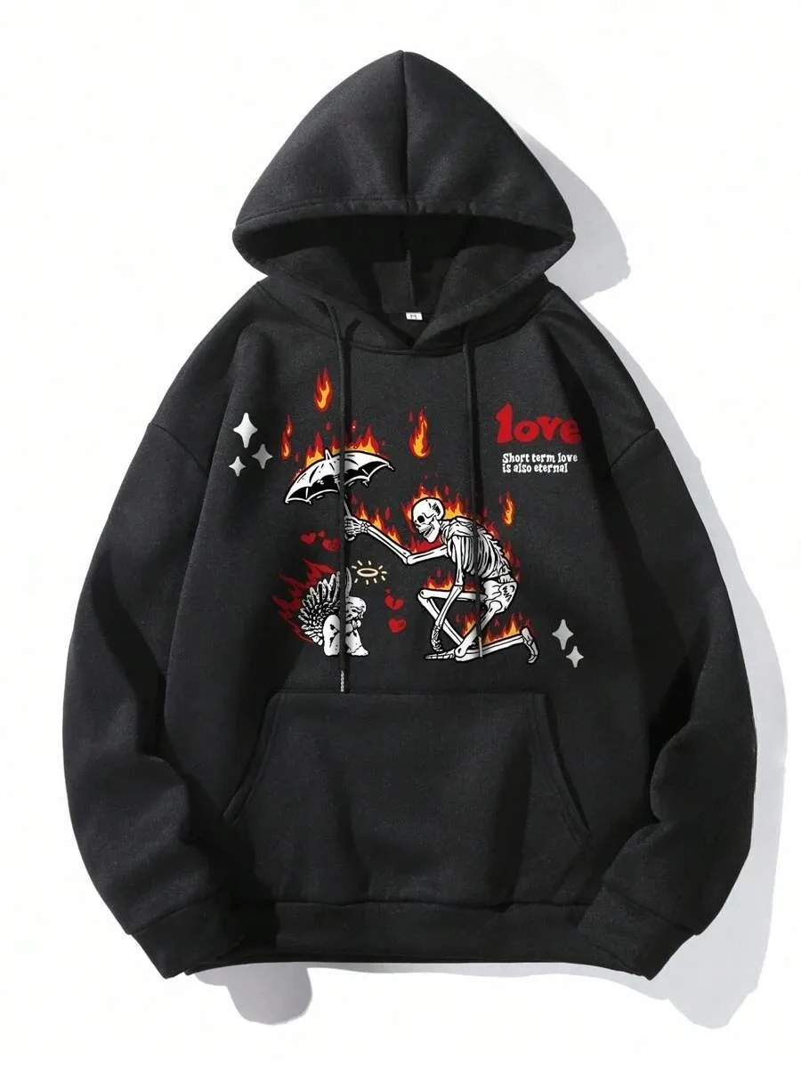

Vegas - Vibe Punk Cotton Hoodie，Showcasing The “Las Vegas Love” Text and A Vivid Skeleton - Angel Design Amidst Flames