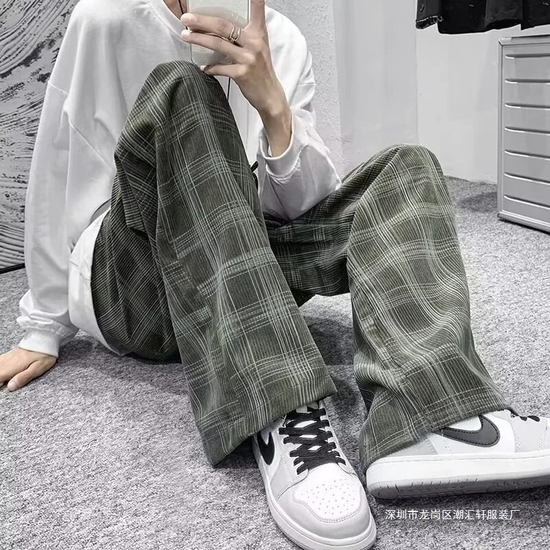 

Checked Pants Men's Autumn Spring Plus Size Wide Leg Corduroy Trousers Loose Korean Fashion Casual Comfortable Baggy Pants
