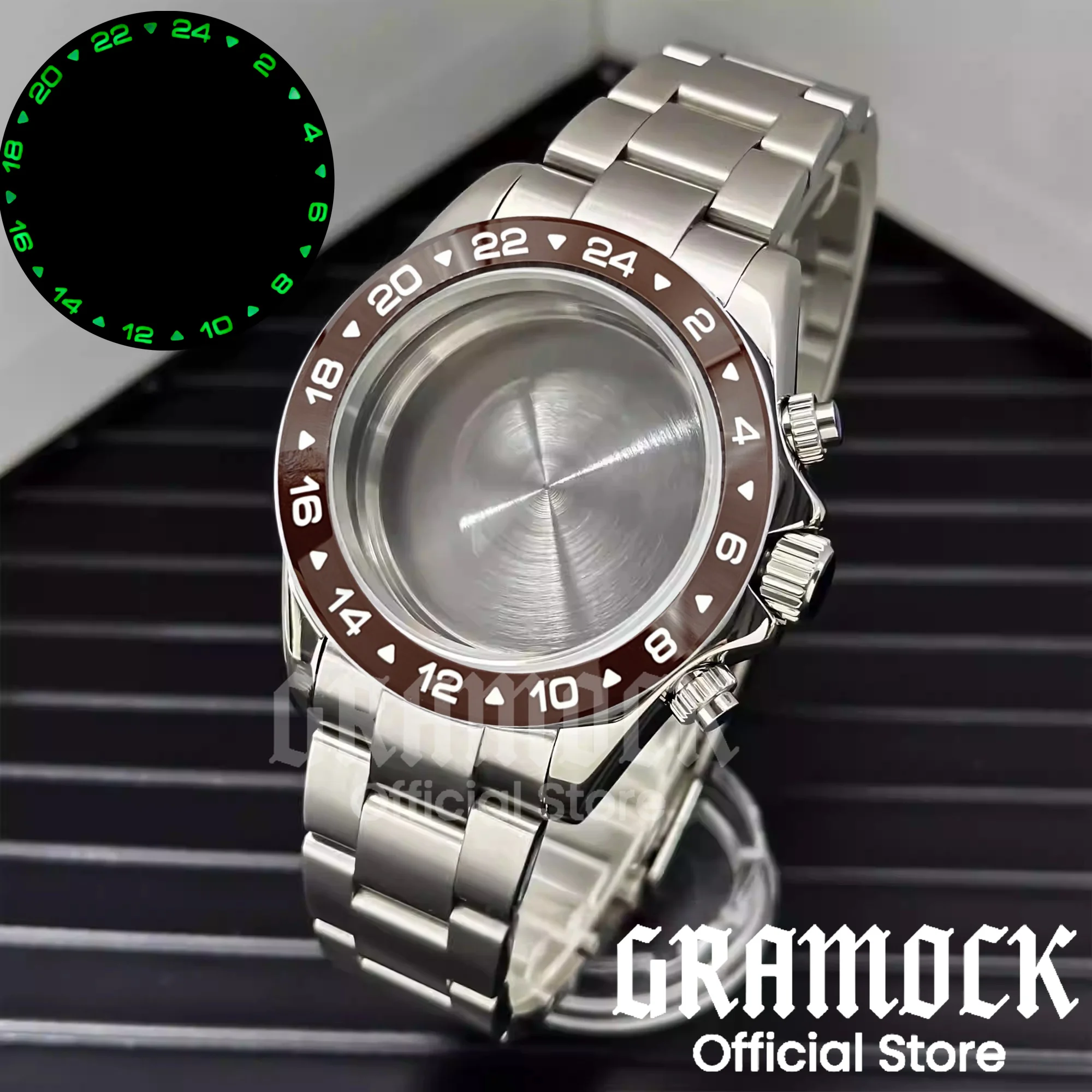 

GRAMOCK 39mm VK63 Polish Case With Sapphire Glass 24Hours Ceramic Bezel C3 Lume Rotary Crown 10ATM Waterproof Watch Accessories