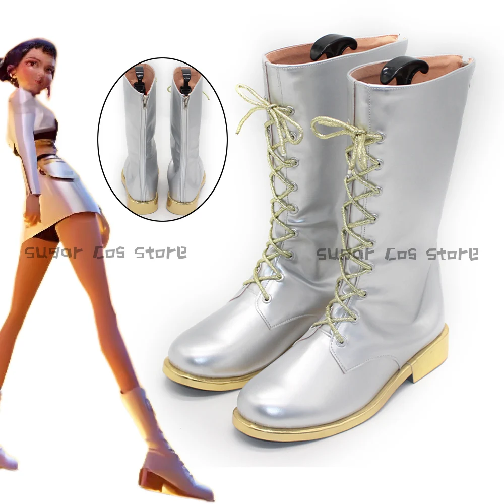 Anime demônio caçadores zoey cosplay sapatos botas kpop huntrix prata bota longa halloween carnaval festa adereços para mulher