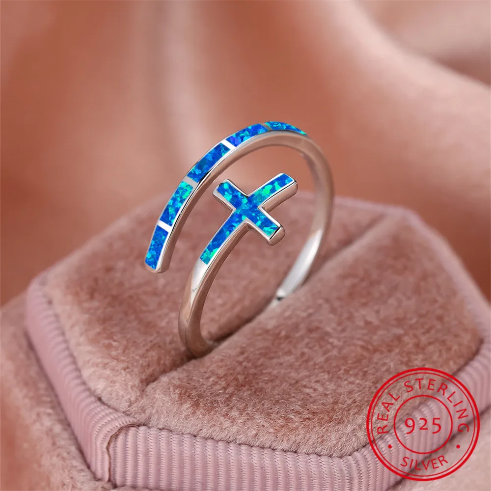 Classic Cross Blue Fire Opal Opening Rings For Women Real 925 Sterling Silver Wedding Band Jewelry