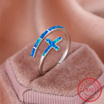 經典十字藍火歐泊開口戒指,女士925純銀結婚戒指首飾 10 最佳銷售 藍色蛋白石戒指 - №6