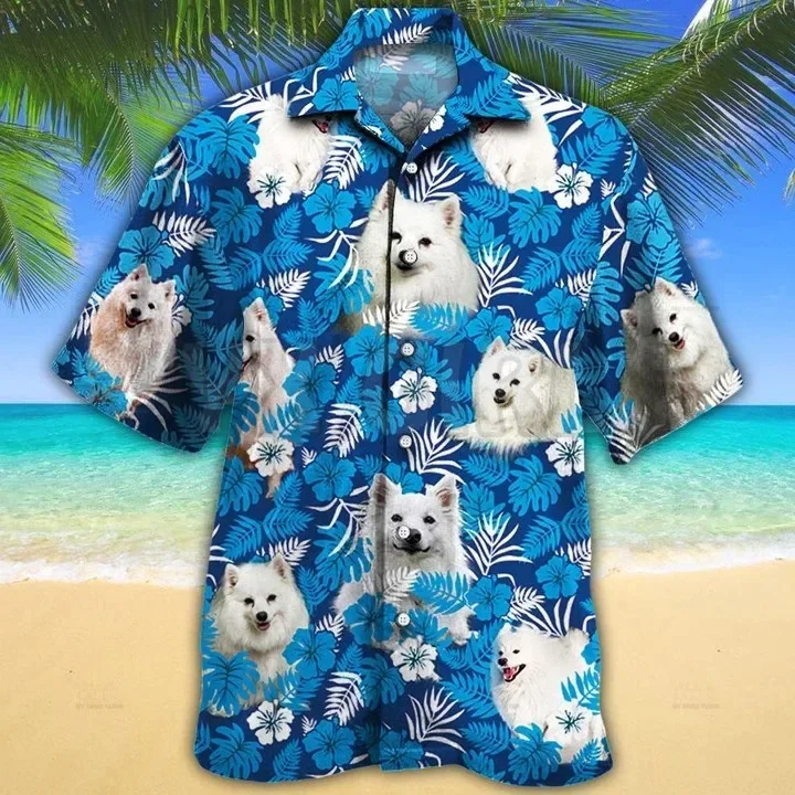 Amerikaanse Eskimo Hond Tropische Plant 3D Over Gedrukt Hawaiian Shirt Mannen Voor Vrouwen Harajuku Casual Shirt Unisex