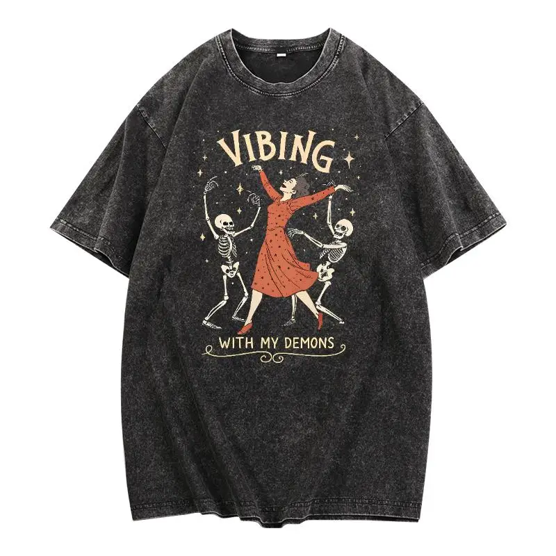 

Washed Gothic T-shirt Women Men Vintage Vibe With My Demons Skeleton Slogan Graphic Tee Streetwear Loose Top