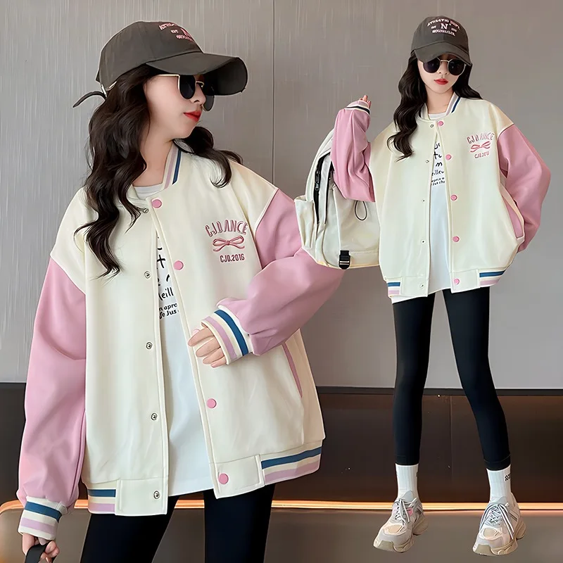 Chaqueta de primavera y otoño para niñas, abrigo de béisbol con Nudo de mariposa delantero y trasero de estilo coreano, chaqueta para niños adolescentes