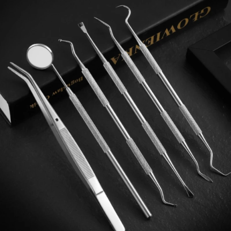 6 قطعة الفولاذ المقاوم للصدأ طبيب الأسنان أدوات نظيفة الفم مرآة مزدوجة ينتهي التحقيق الملقط مكشطة منظف الأسنان مع حقيبة للتخزين #6