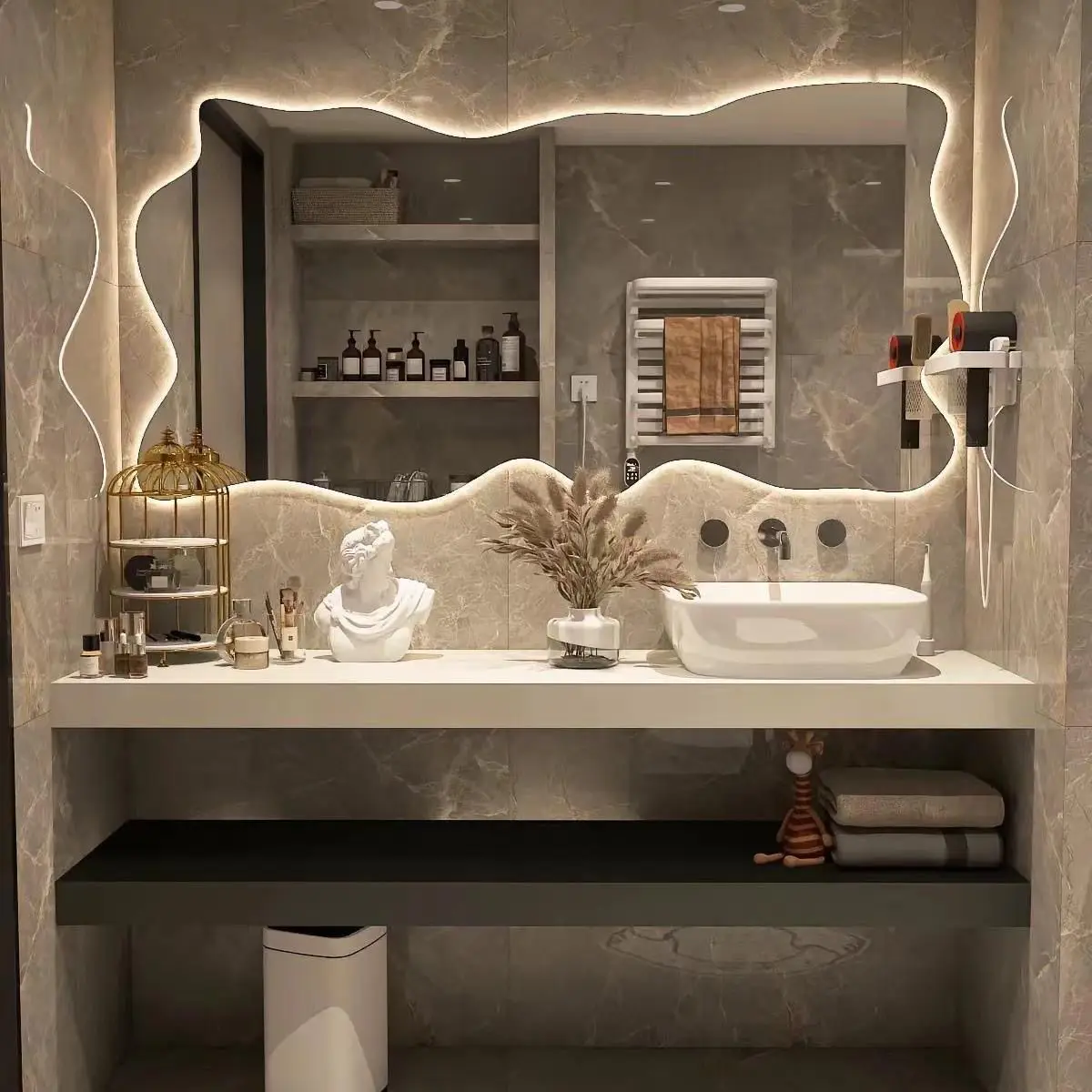 Irregular Smart Mirror, Minimalist LED Bathroom Mirror with Anti Fog and Time, Touch Sensor Vanity Mirror for Home