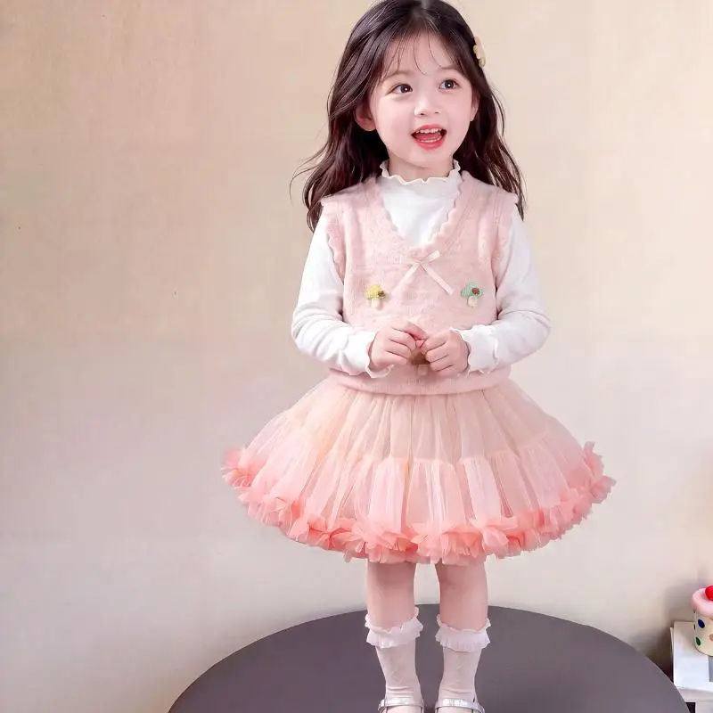 Girls Autumn Winter Vest Base Shirt Puffy Skirt Set Girl Long Sleeved T-Shirt Vest Mesh Skirt Children's Fashion Three Piece Set