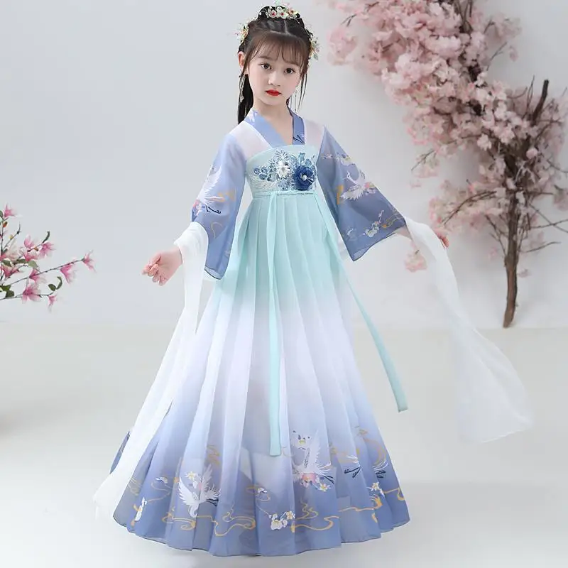 

Blue Girls Chinese Ancient Super Fairy Hanfu Kids Girl Children Costume Tang Suit Dress Child Princess Chinese Style Dress Stage