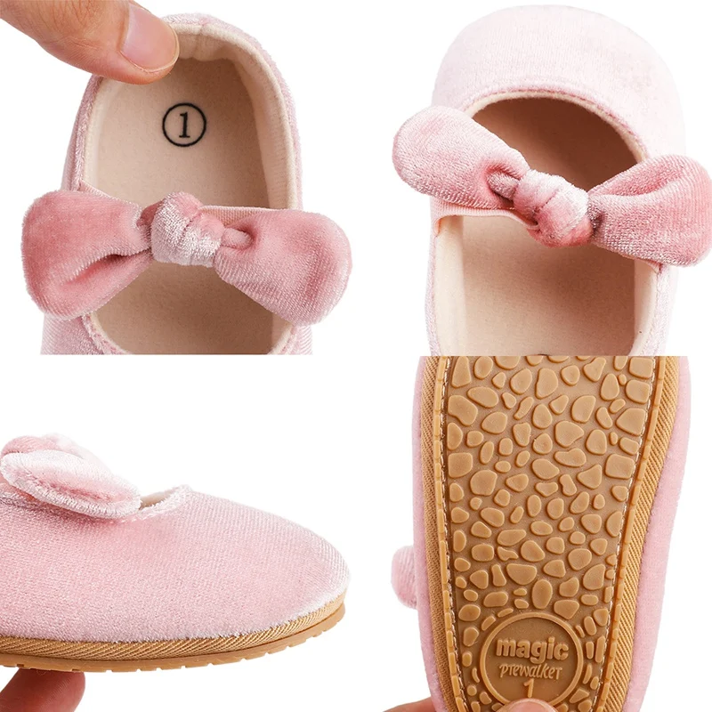 Newborn Baby Shoes Baby Boy Girl Shoes Girl Classic Bowknot Rubber Sole Anti-slip Dress Shoes First Walker Toddler Crib Shoes